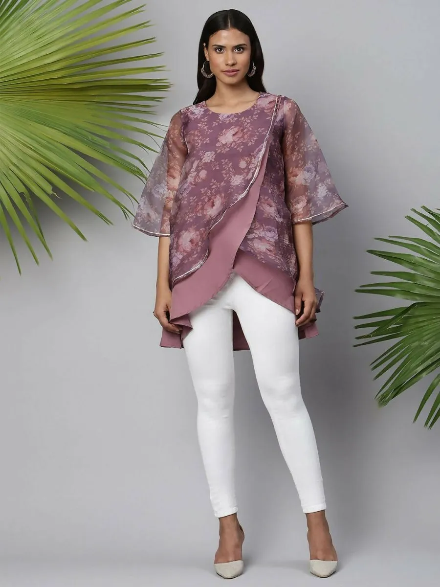 Ahalyaa Women Mauve Organza Digital Printed Tunic