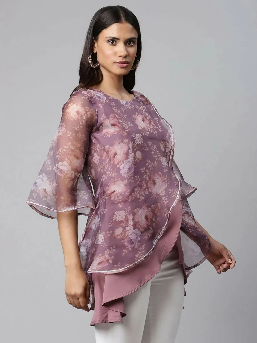 Ahalyaa Women Mauve Organza Digital Printed Tunic