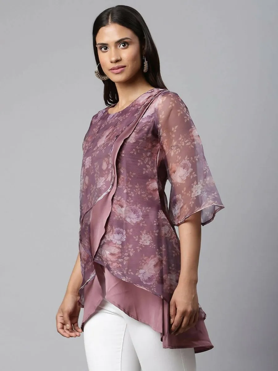 Ahalyaa Women Mauve Organza Digital Printed Tunic