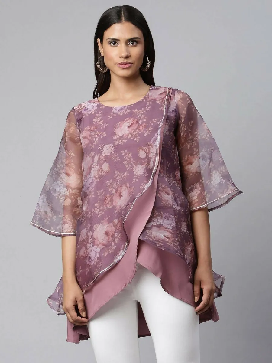 Ahalyaa Women Mauve Organza Digital Printed Tunic