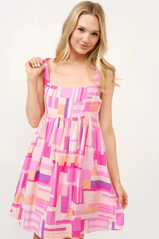 And The Why Geo Printed Square Neck Babydoll Mini Dress