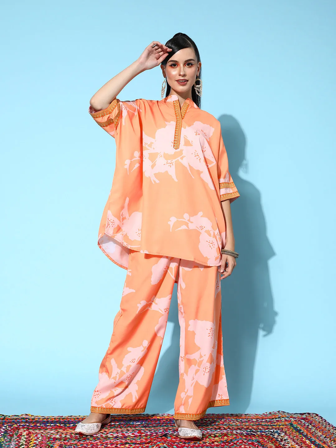 Orange Floral Printed Tunic with Palazzos