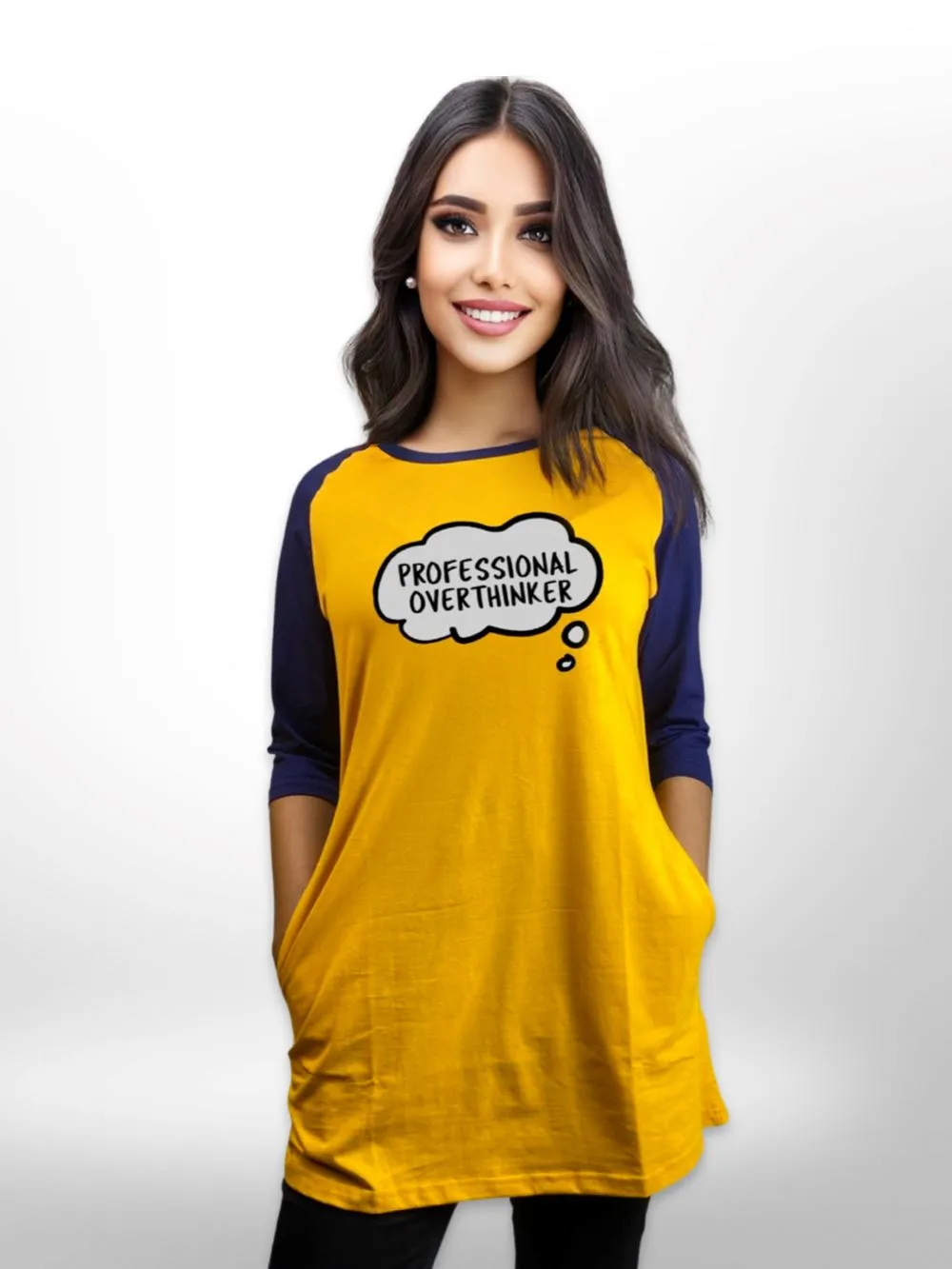 Raglan Sleeve Side Pocket Overthinker Printed Long T-shirt