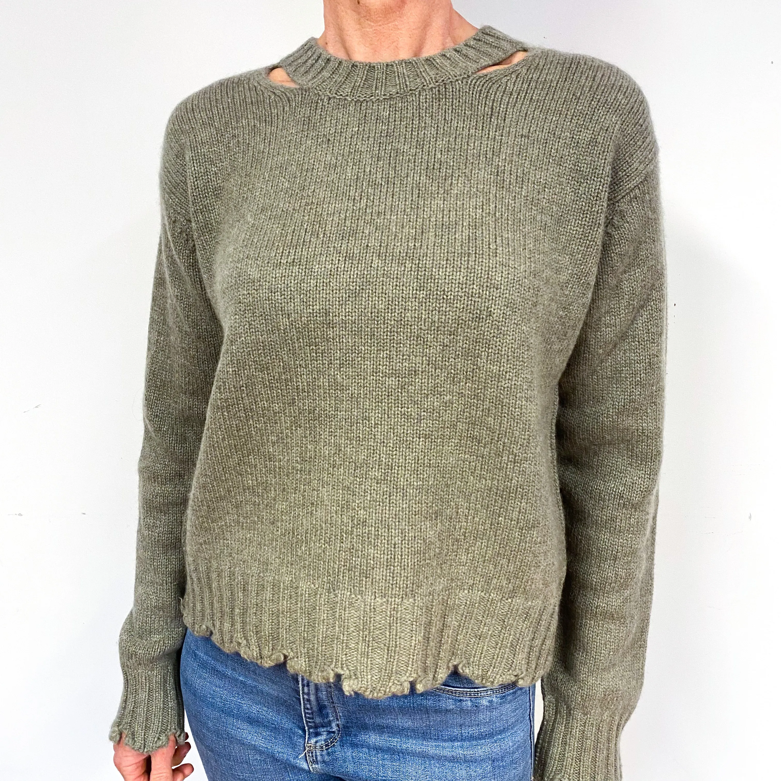 Sage Green Key Hole Cashmere Crew Neck Jumper Medium