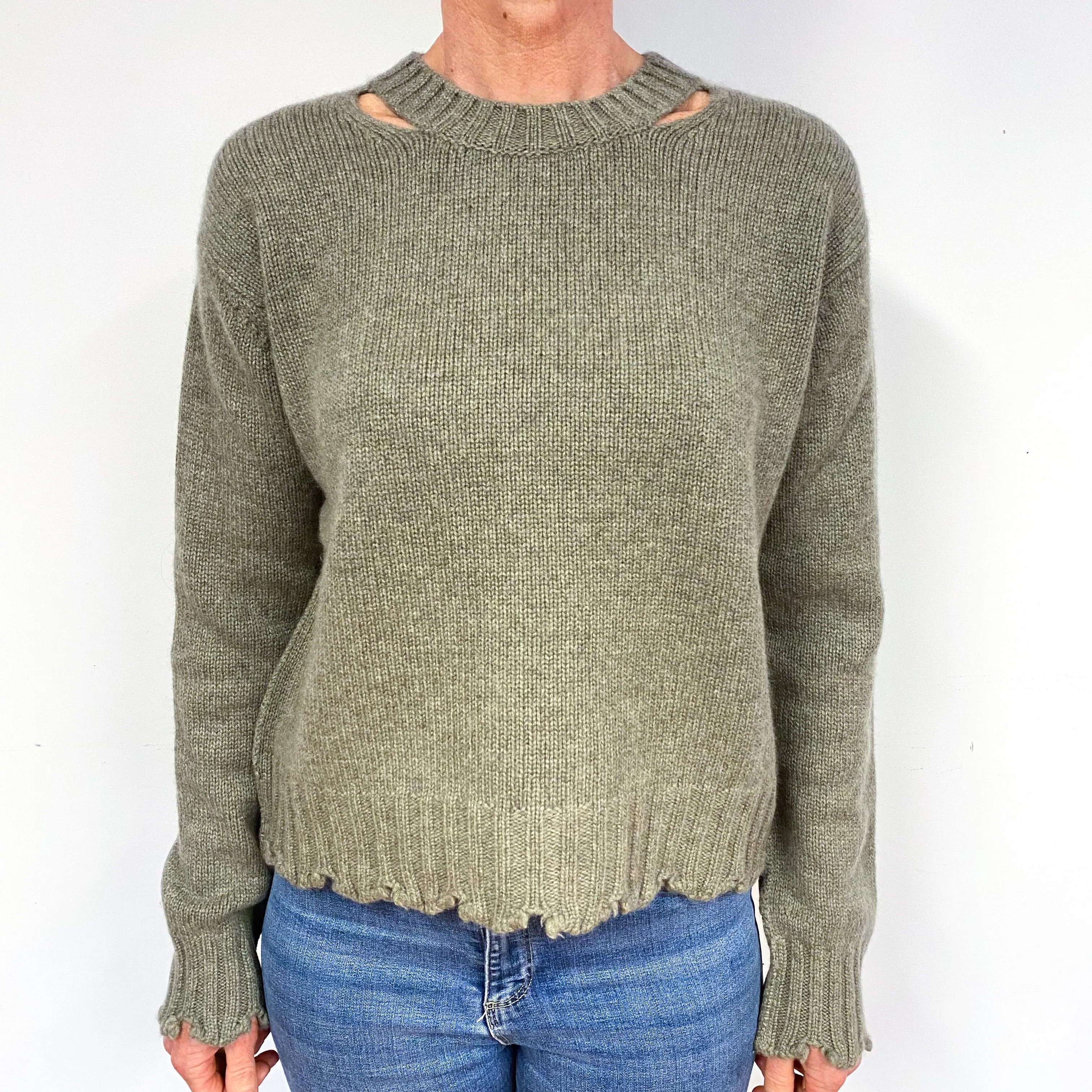 Sage Green Key Hole Cashmere Crew Neck Jumper Medium