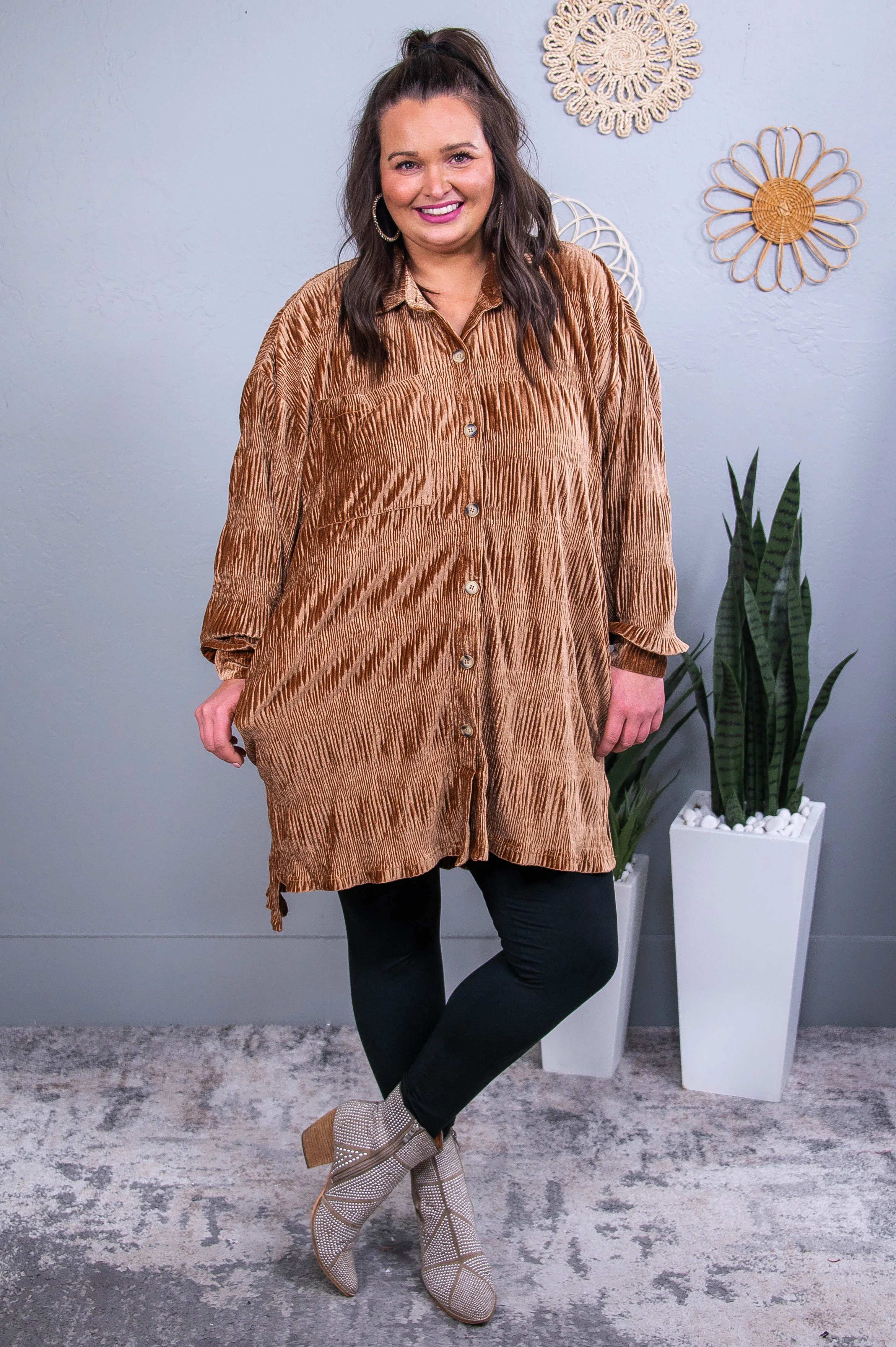 She's Confident In Herself Brown Velvet High-Low Tunic - T10538BR