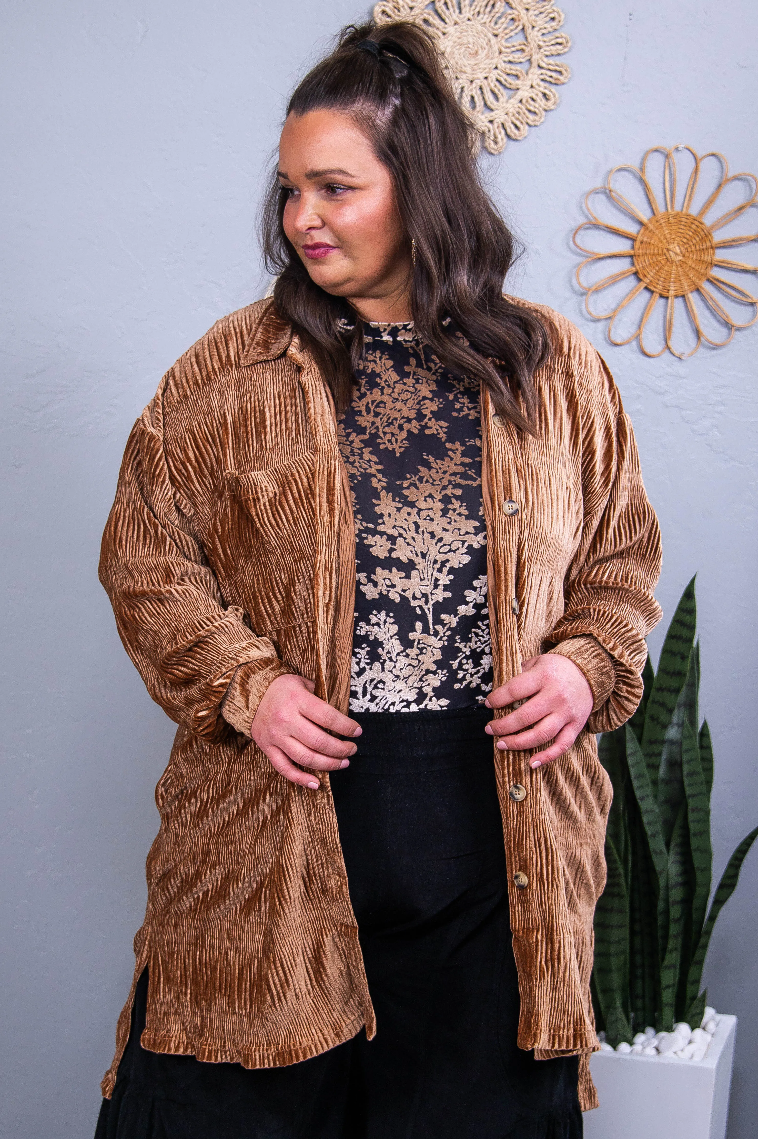 She's Confident In Herself Brown Velvet High-Low Tunic - T10538BR
